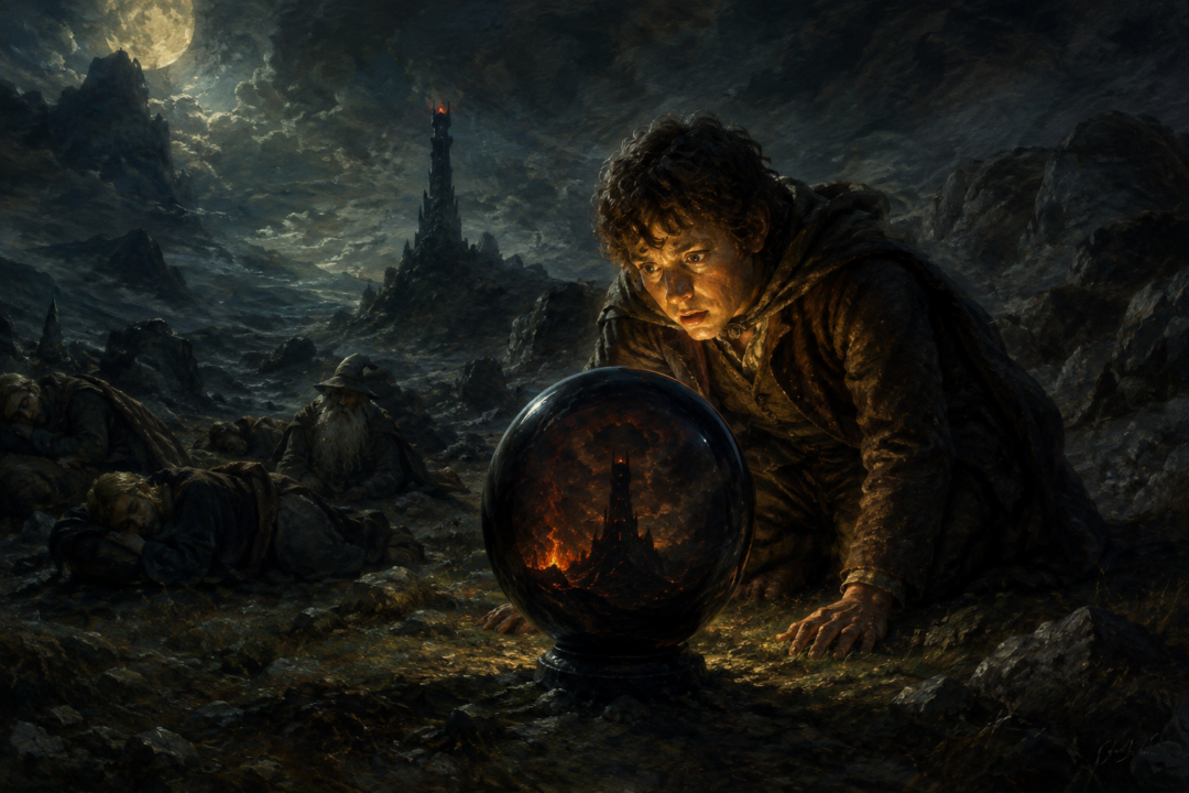 Pippin secretly looks into the palantír of Orthanc and encounters the distant presence of Sauron.