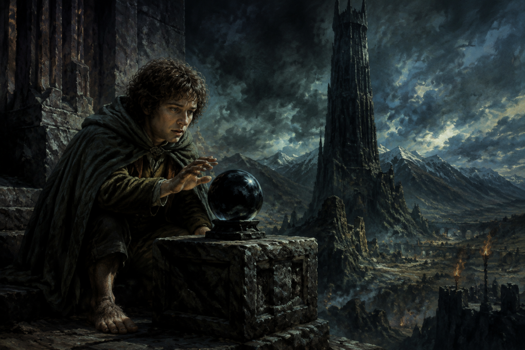 Pippin looking into the palantír of Orthanc beneath the dark tower of Isengard