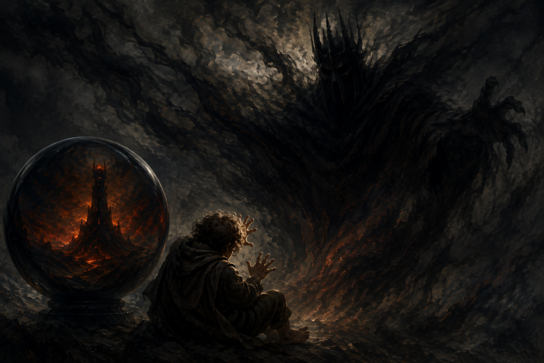 Pippin struggles beneath Sauron's overwhelming mental presence during their encounter through the palantír.