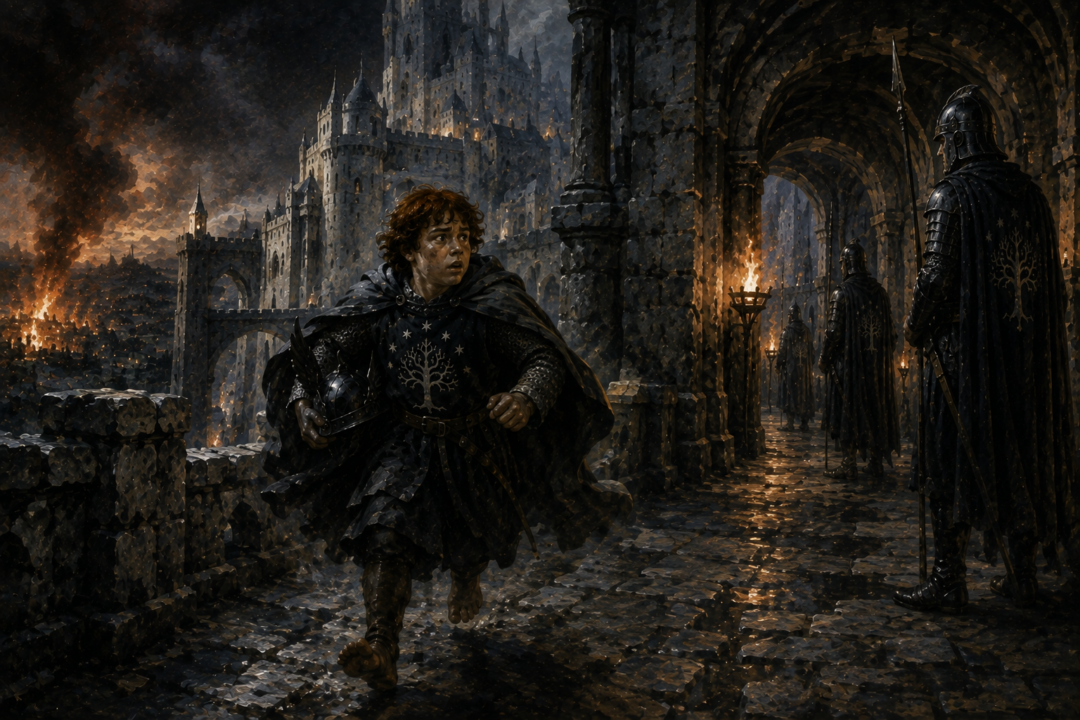 Pippin running through besieged Minas Tirith to seek Gandalf and help save Faramir.