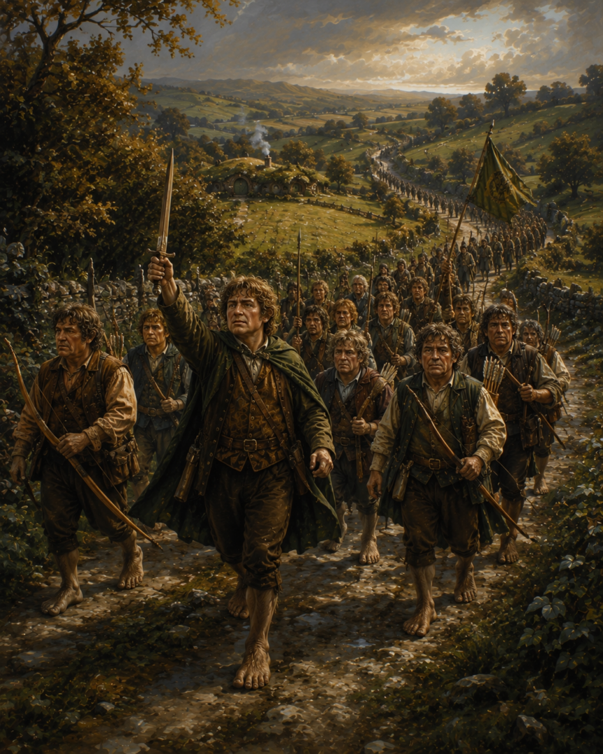 Peregrin Took leading armed Hobbit archers from Tookland toward the Battle of Bywater.