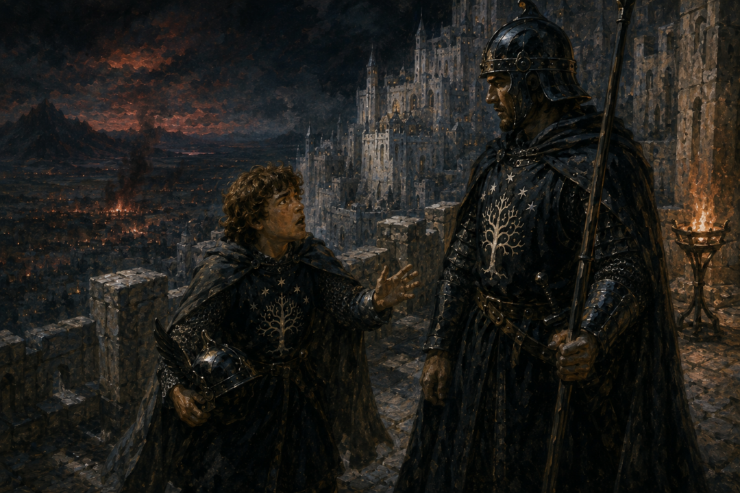 Pippin urgently warning Beregond about Denethor and Faramir during the siege of Minas Tirith.