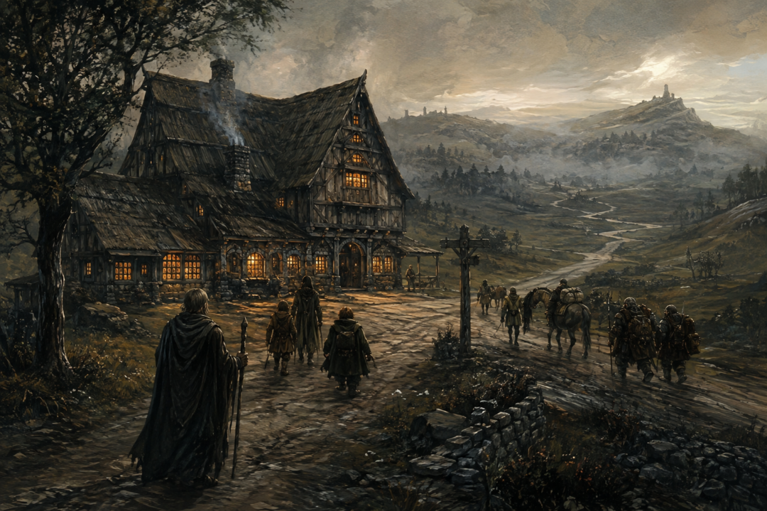 The Prancing Pony glowing beside the old roads of Bree as Hobbits, Men, and Dwarves approach.