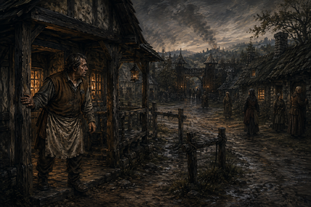 Barliman Butterbur watches an almost empty road outside the Prancing Pony during troubled times in Bree.