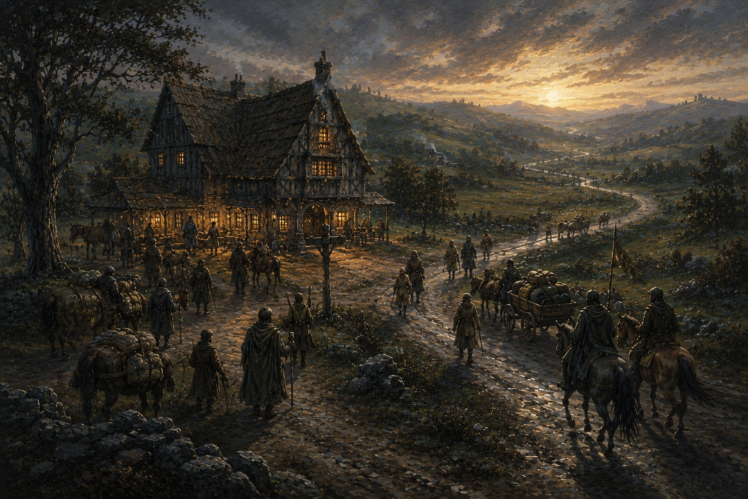 Peaceful travelers converge on the Prancing Pony as the roads of the restored northern kingdom come alive again.