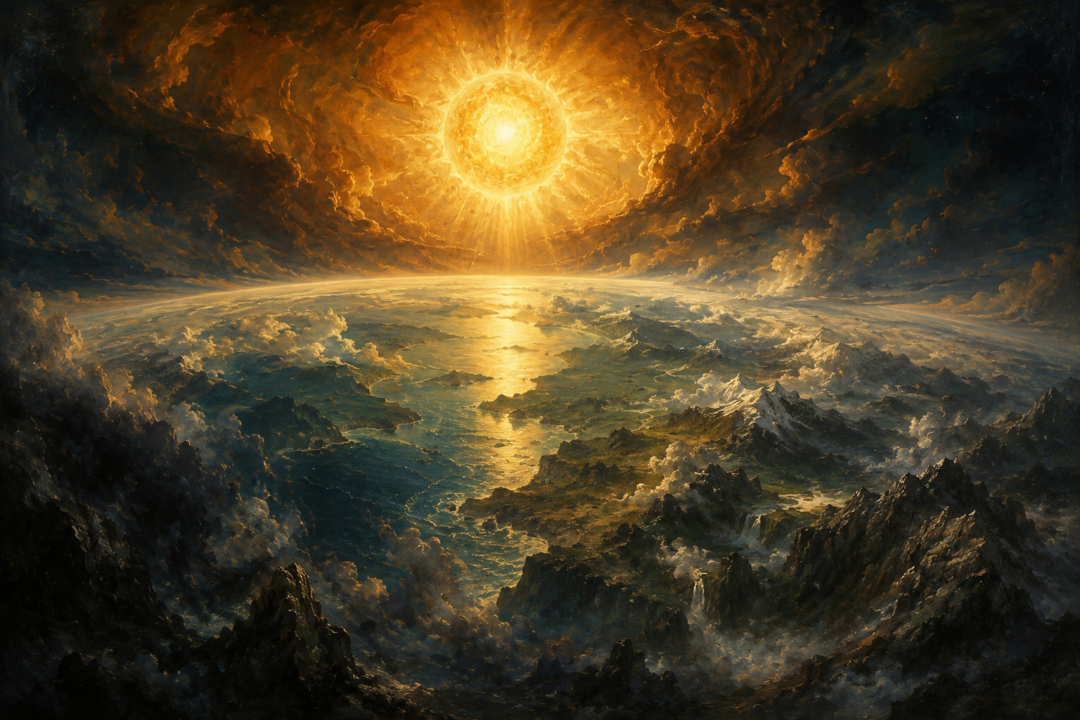 The primordial Sun shines over the young round world of Arda in the later cosmological conception.