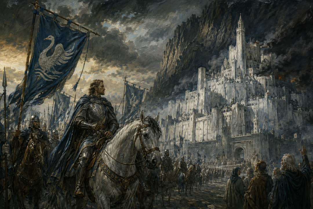 Prince Imrahil of Dol Amroth leading his knights and men-at-arms into Minas Tirith before the siege.
