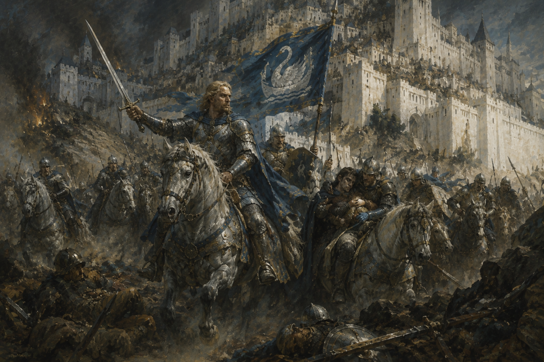 Prince Imrahil leads the Swan-knights of Dol Amroth from Minas Tirith to rescue the wounded Faramir.