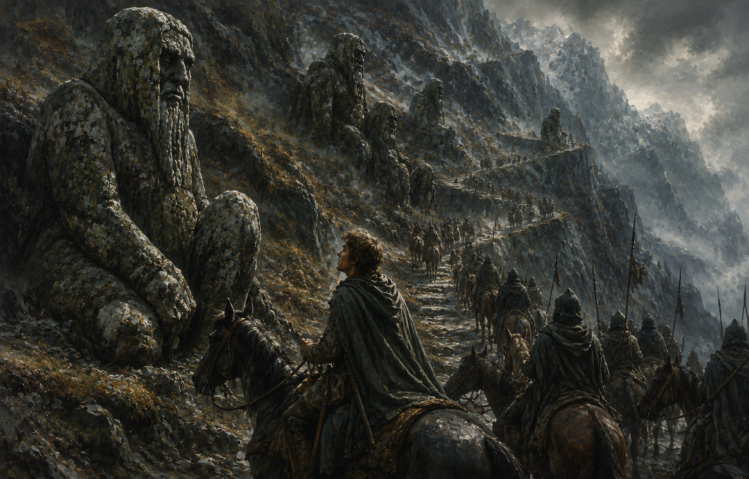 Ancient weathered Púkel-men statues stand beside the winding road to Dunharrow as the Rohirrim pass.