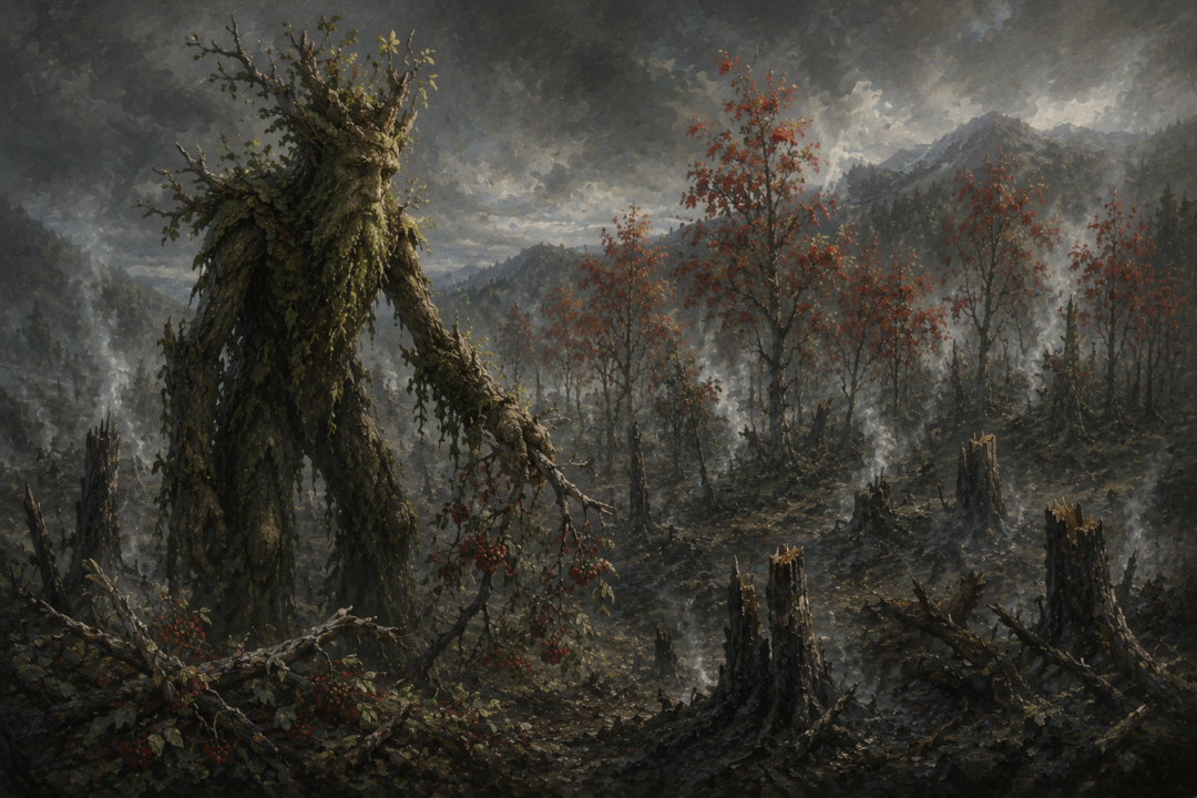 Quickbeam mourning rowan-trees destroyed near Fangorn by Saruman's servants