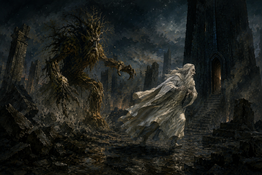 Quickbeam pursues Saruman through the ruined circle of Isengard as the Wizard narrowly reaches Orthanc.
