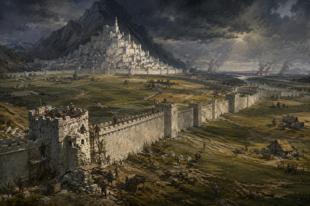 The Rammas Echor stretching around the Pelennor Fields as Gondorian soldiers repair the outer defenses of Minas Tirith.