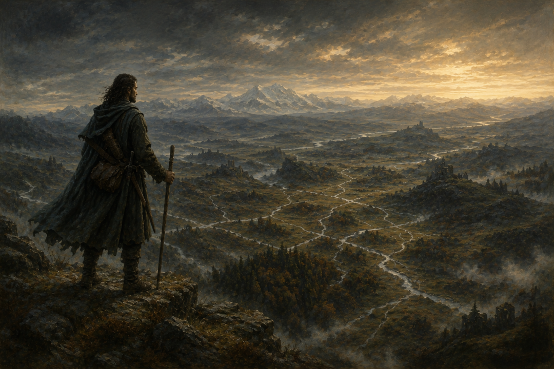 A Ranger of the North surveys the roads, streams, woods and distant hills of Eriador.