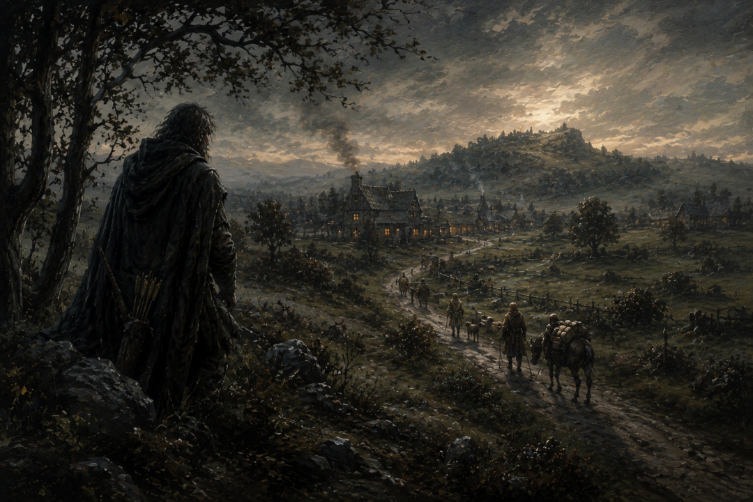 A Ranger of the North quietly watches over travelers on the road near Bree and the Prancing Pony.
