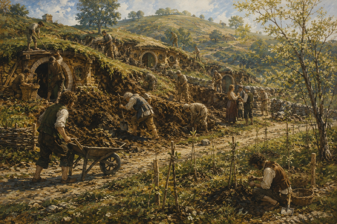 Hobbits rebuilding homes beneath Hobbiton Hill while newly planted saplings remain small beside the restored dwellings