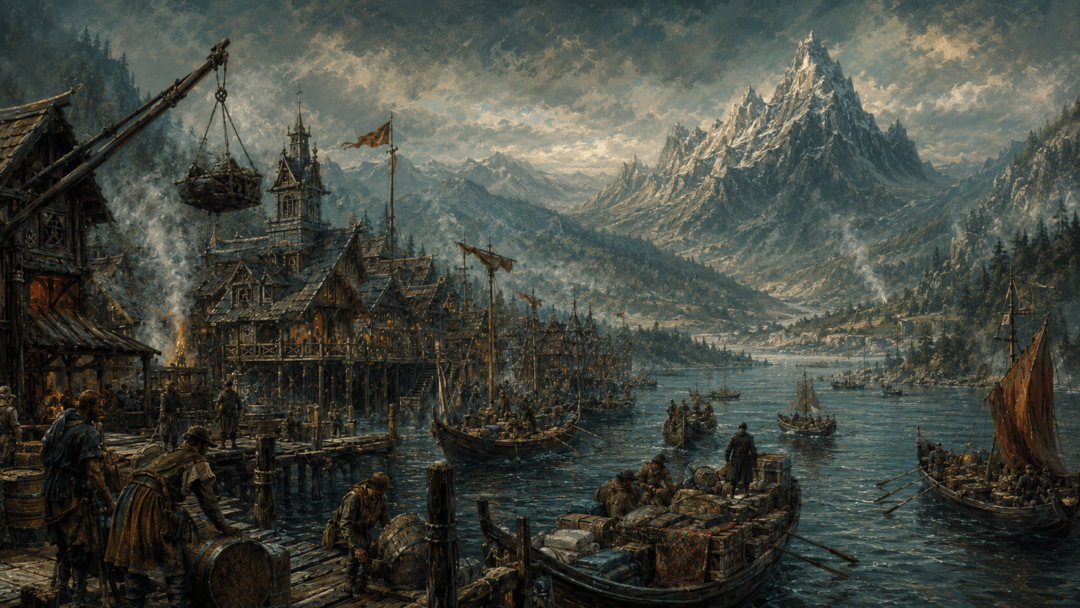 Rebuilt Lake-town bustling with merchant boats and cargo after the restoration of Erebor and Dale.