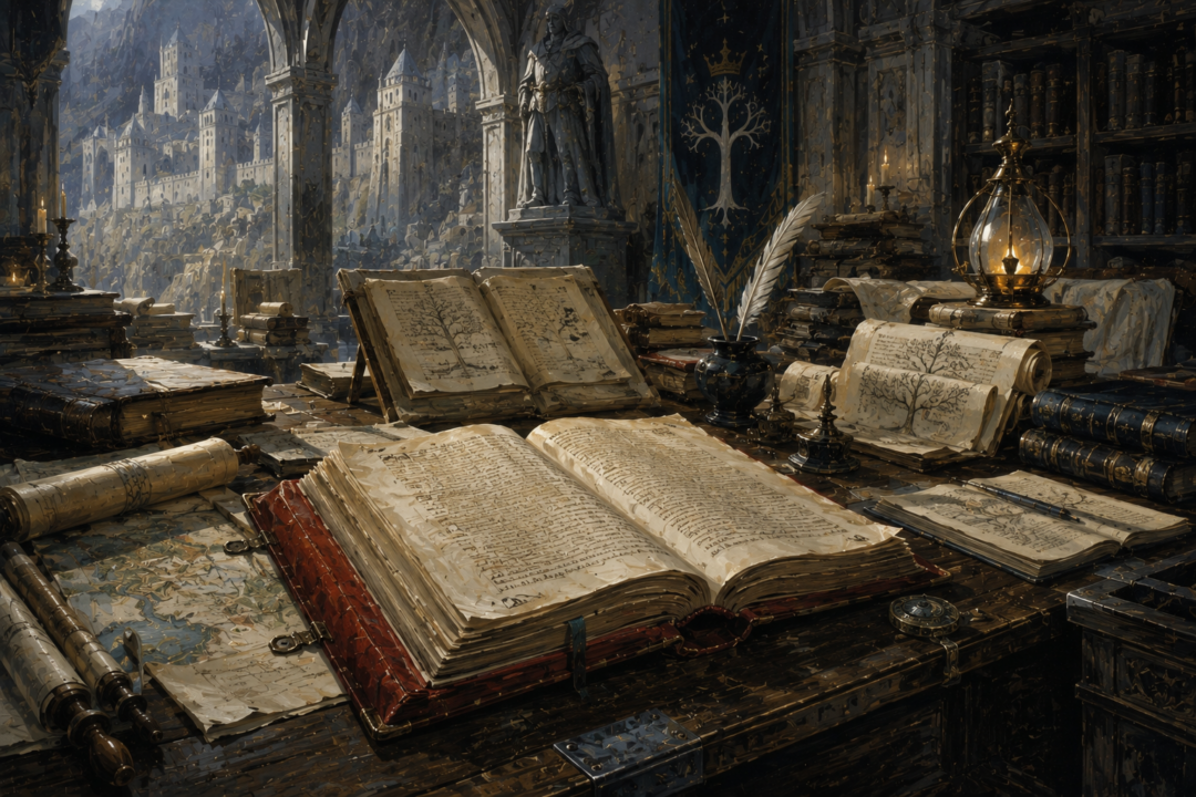 Red Book manuscript surrounded by Gondorian linguistic records and scholarly annotations
