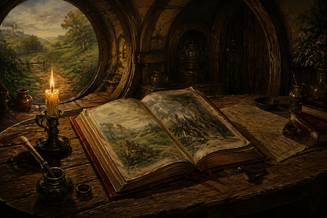 The Red Book of Westmarch preserved inside a peaceful Hobbit home