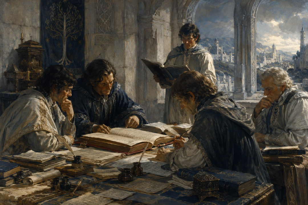 Gondorian scholars examining and annotating a copy of the Red Book in Minas Tirith