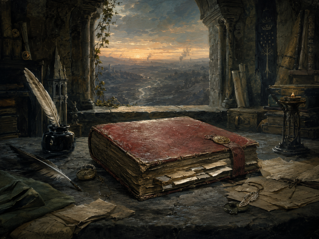 Worn Red Book manuscript preserved in an archive long after the heroes of the Third Age have passed.