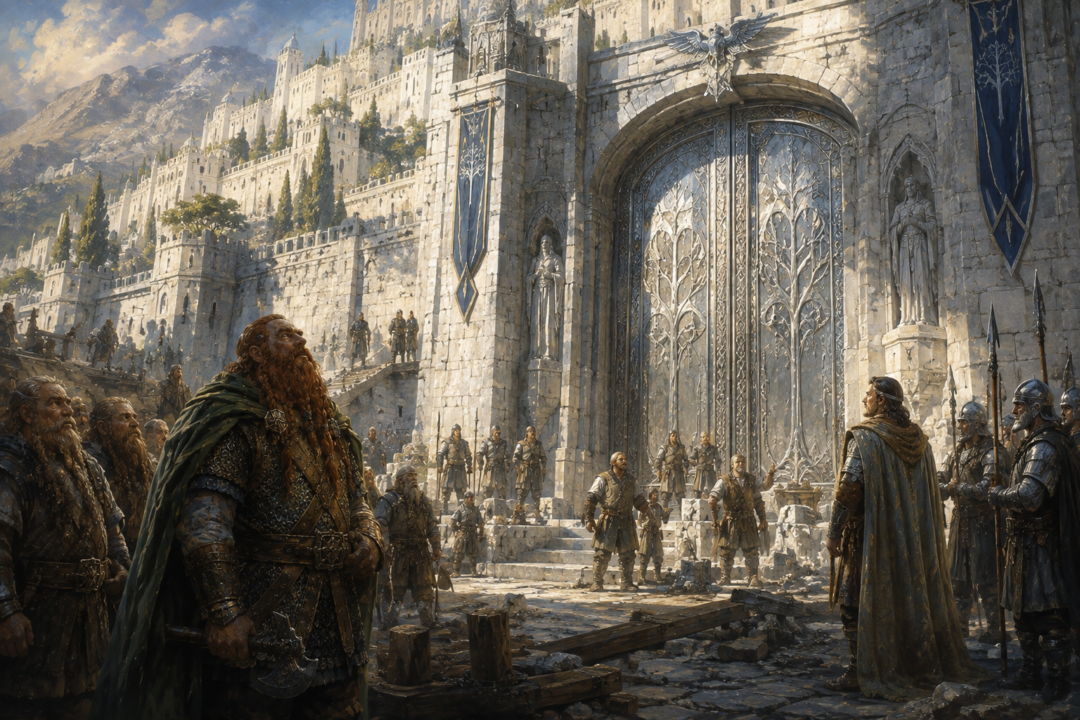 Gimli, Dwarven craftsmen and King Elessar beside the restored mithril and steel Great Gate of Minas Tirith.
