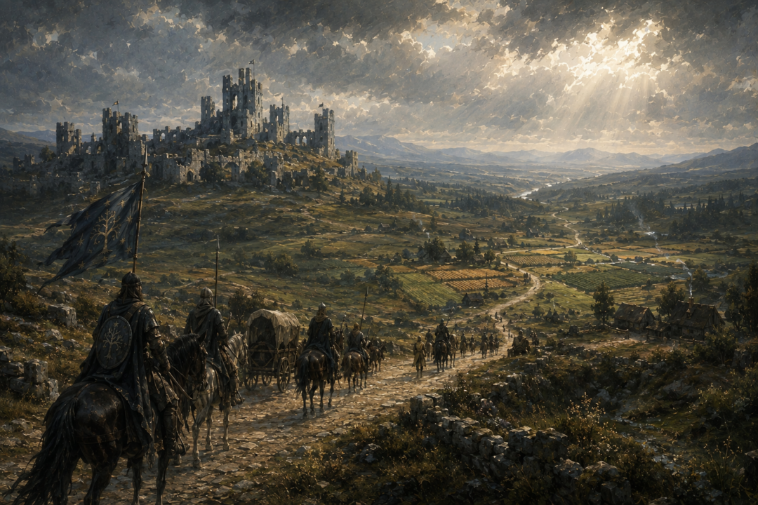 Travelers and settlers returning to the old northern roads beneath the distant ruins of Fornost in the Fourth Age
