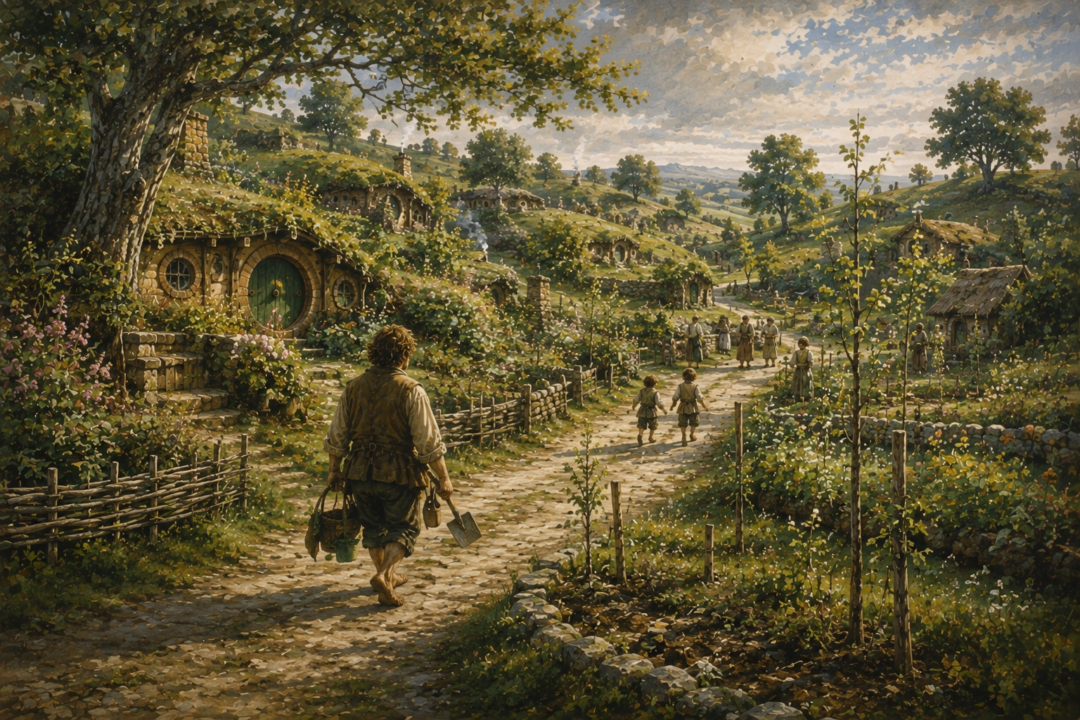 The restored Shire with rebuilt hobbit homes, flourishing gardens and young trees still growing along a country lane