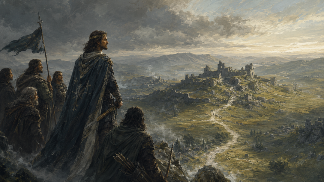 King Elessar and northern Dúnedain overlooking the still-ruined city of Fornost in early Fourth Age Arnor.