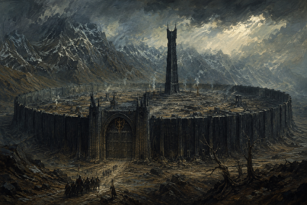 The immense Ring of Isengard and its iron gate surrounding Orthanc at the height of Saruman's power