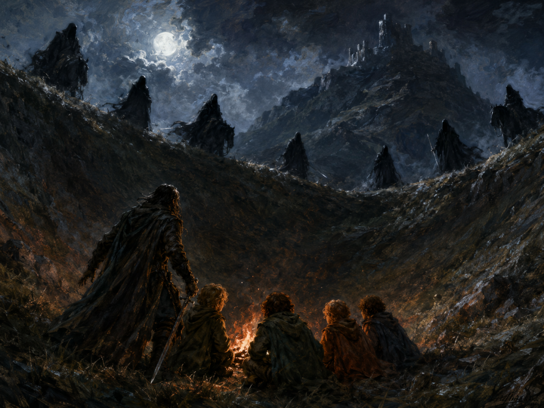 Ringwraiths appear along the grassy rim above the hobbits' camp in the dell beneath Weathertop.