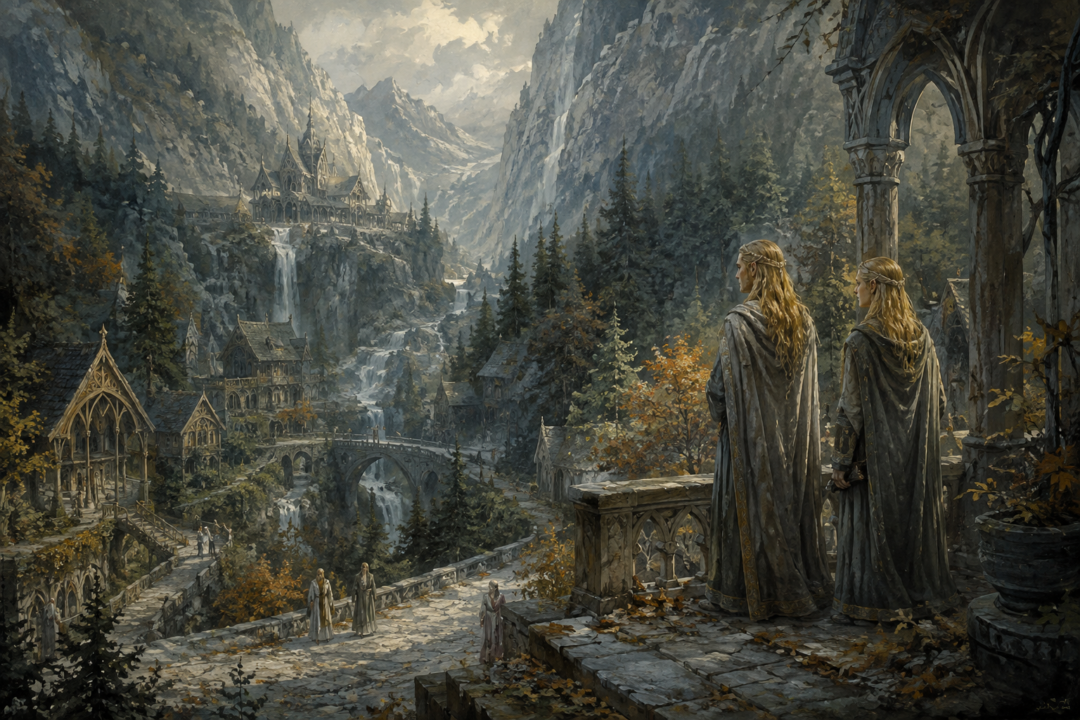 Elladan and Elrohir overlooking a quieter but still inhabited Rivendell after Elrond's departure