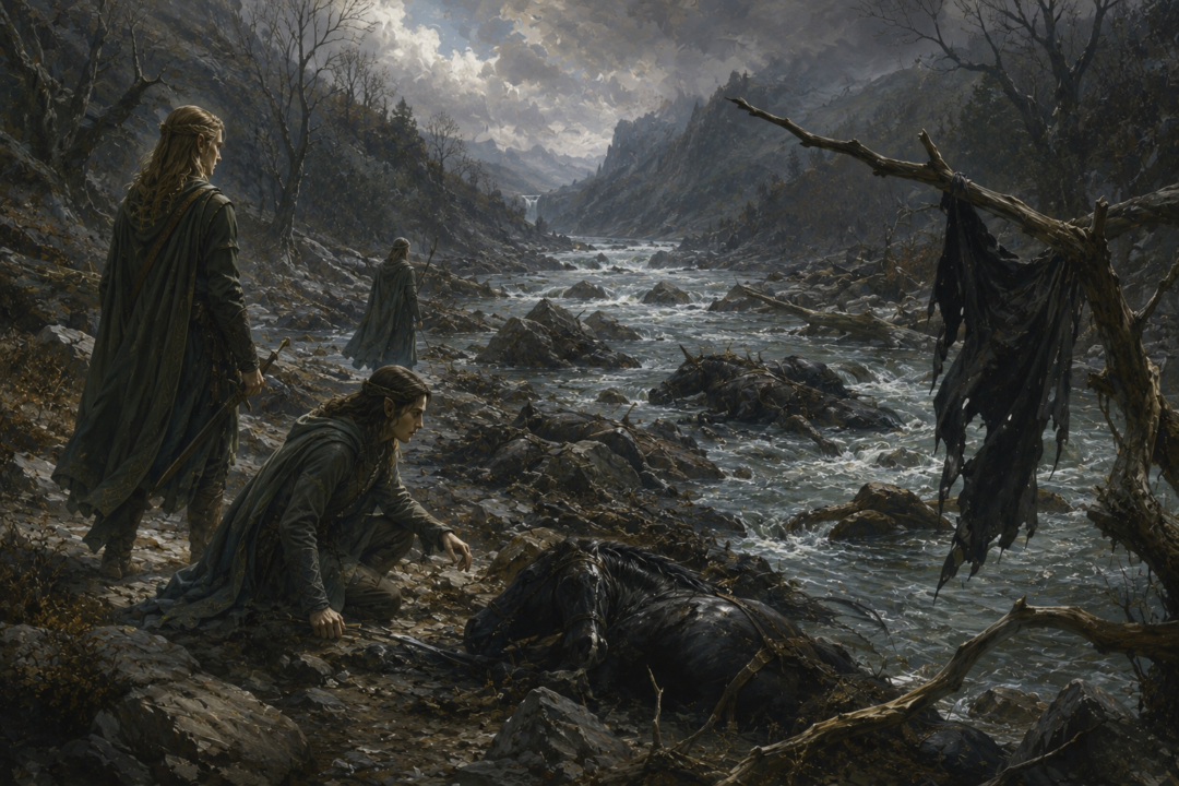 Elven scouts find dead black horses and a torn cloak while searching for signs of the Ringwraiths after the Ford of Bruinen.