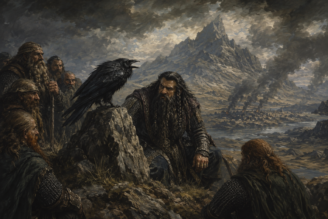 Roäc the ancient raven warning Thorin Oakenshield at Ravenhill after the death of Smaug