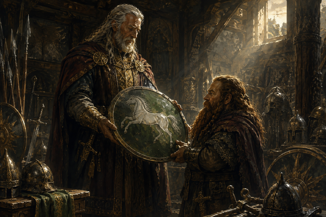 Royal guards of Rohan standing before Meduseld with golden suns blazoned on their green shields
