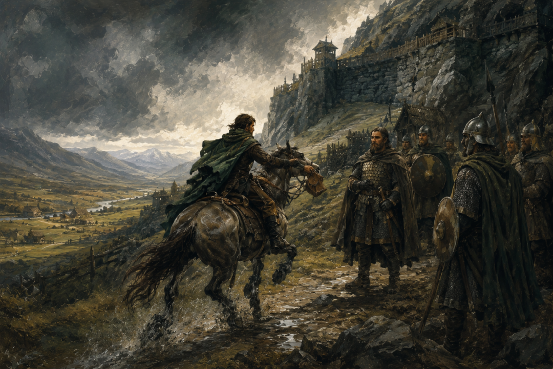 A Rohirric messenger arrives at the Hornburg with urgent news for the commanders of the Westfold.