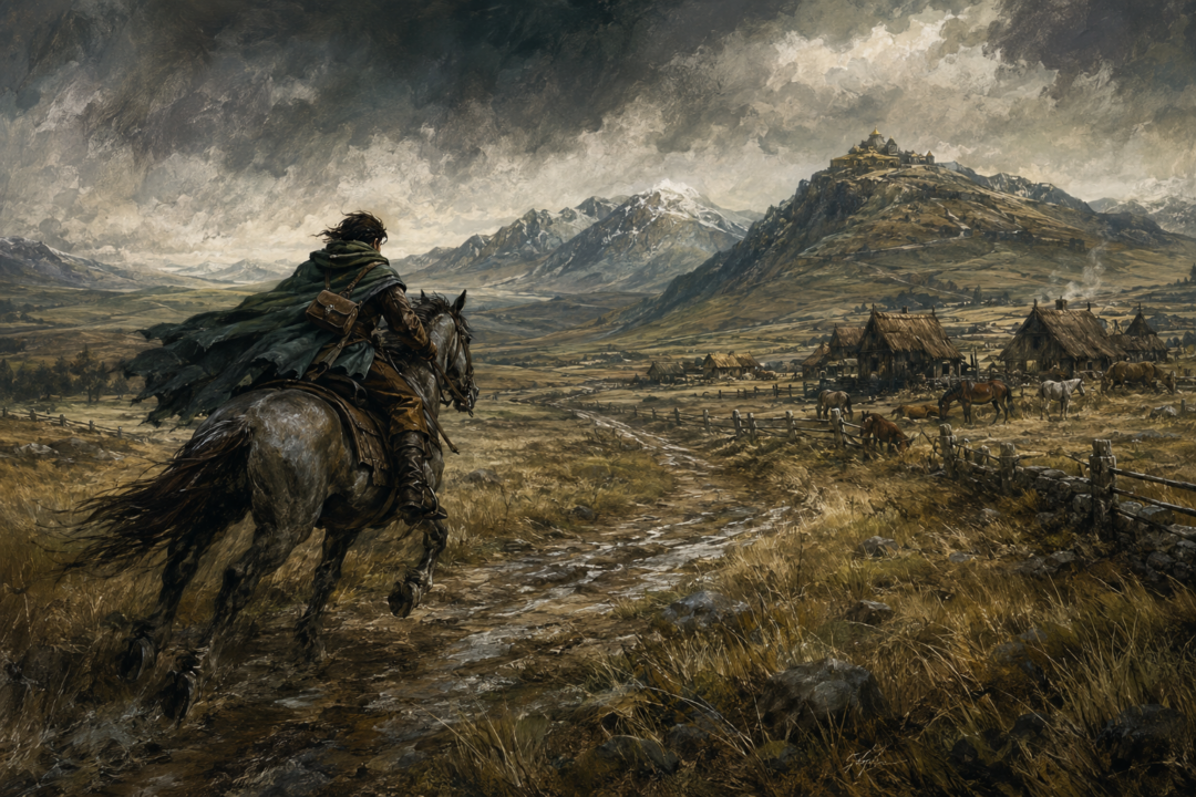 A mounted Rohirric messenger rides across the plains toward scattered homesteads beneath the White Mountains.