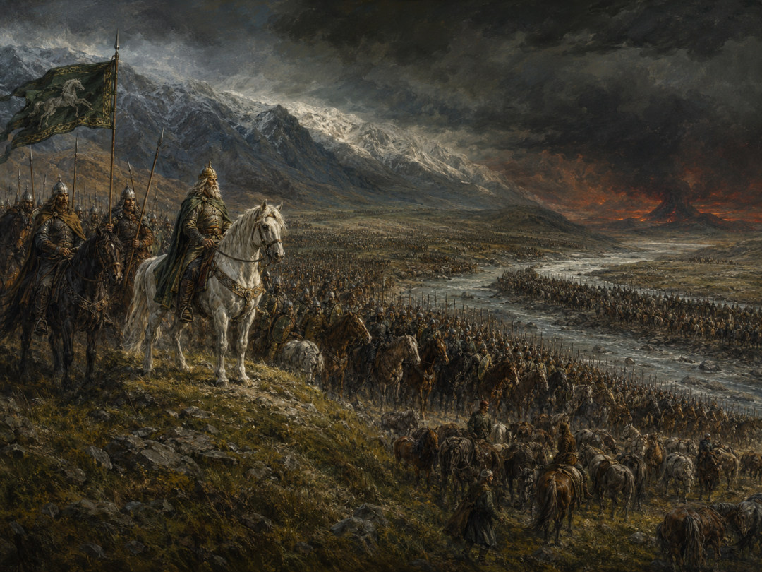 Théoden and thousands of Rohirrim mustering beside the Snowbourn with spare horses before the ride to Gondor