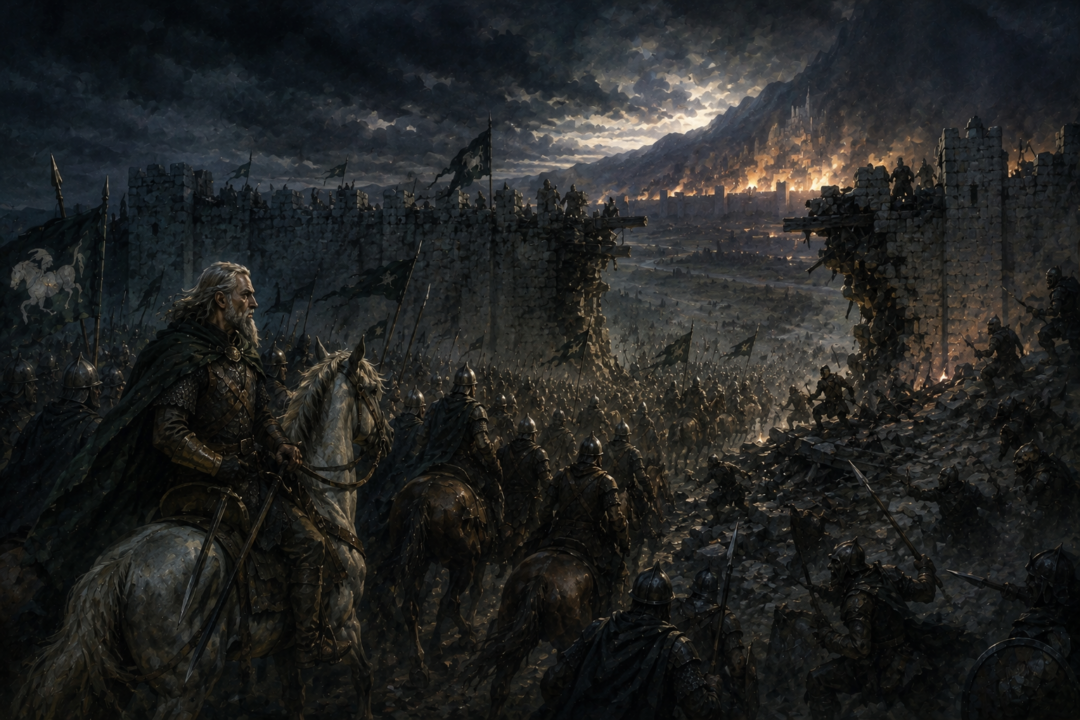 Théoden and the Rohirrim reaching the ruined northern Rammas Echor before riding onto the Pelennor Fields.
