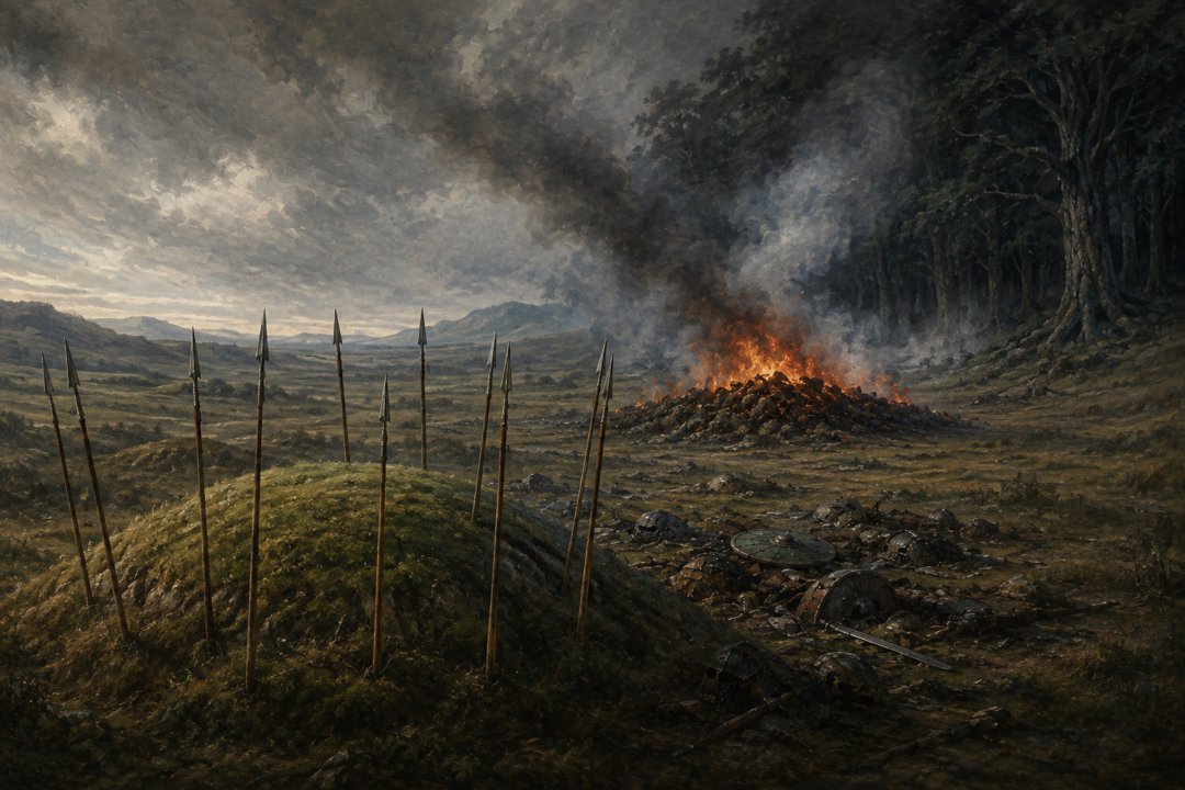 A Rohirric burial mound surrounded by fifteen spears with the Orc pyre smoking in the distance.