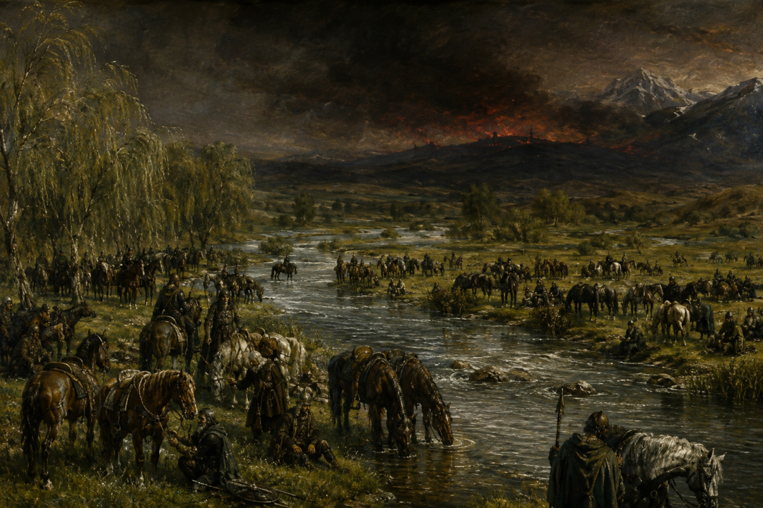 Rohirrim and their horses bivouacked beneath the dark pine woods around Eilenach Beacon