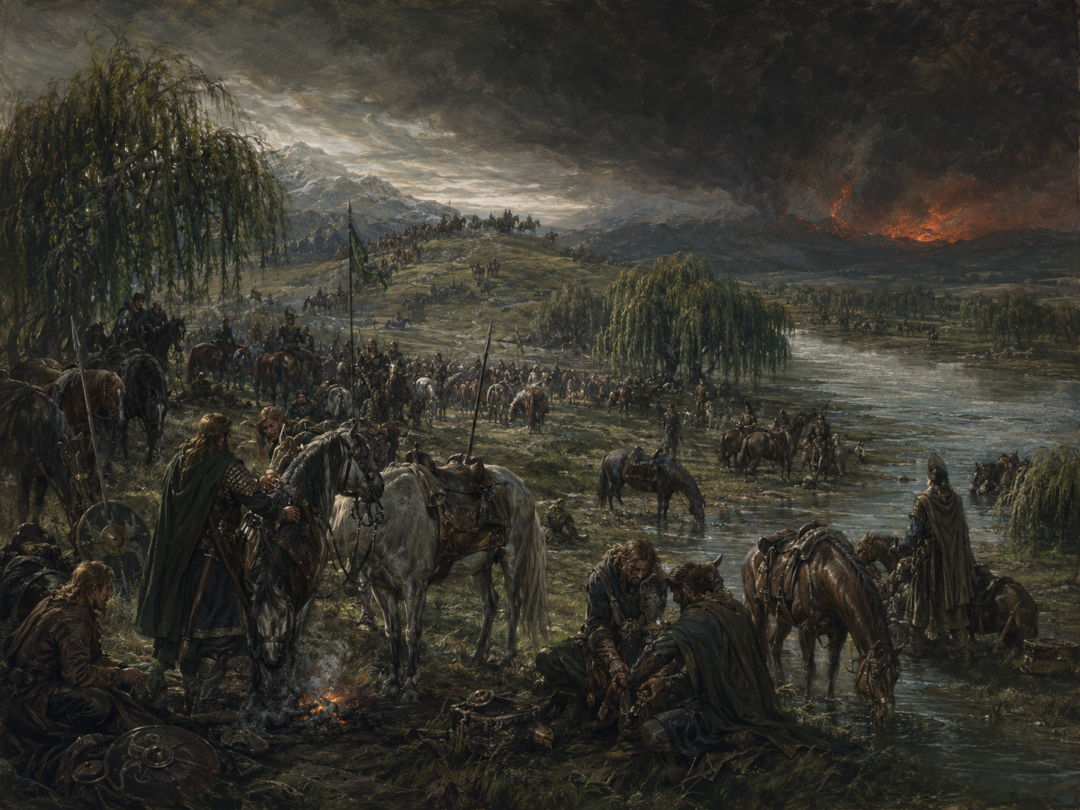 Rohirrim resting their warhorses beside water and grassland during the forced march toward Minas Tirith