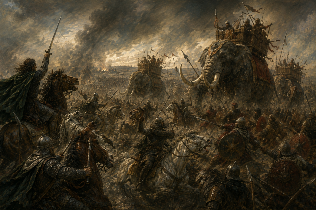 Rohirrim cavalry struggle against the Mûmakil and gathering enemy forces during the Battle of the Pelennor Fields.