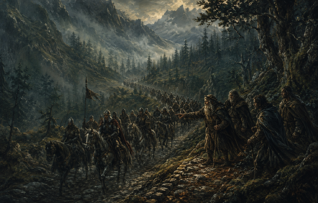 The Drúedain guide Théoden and the Rohirrim along the forgotten road through Stonewain Valley.