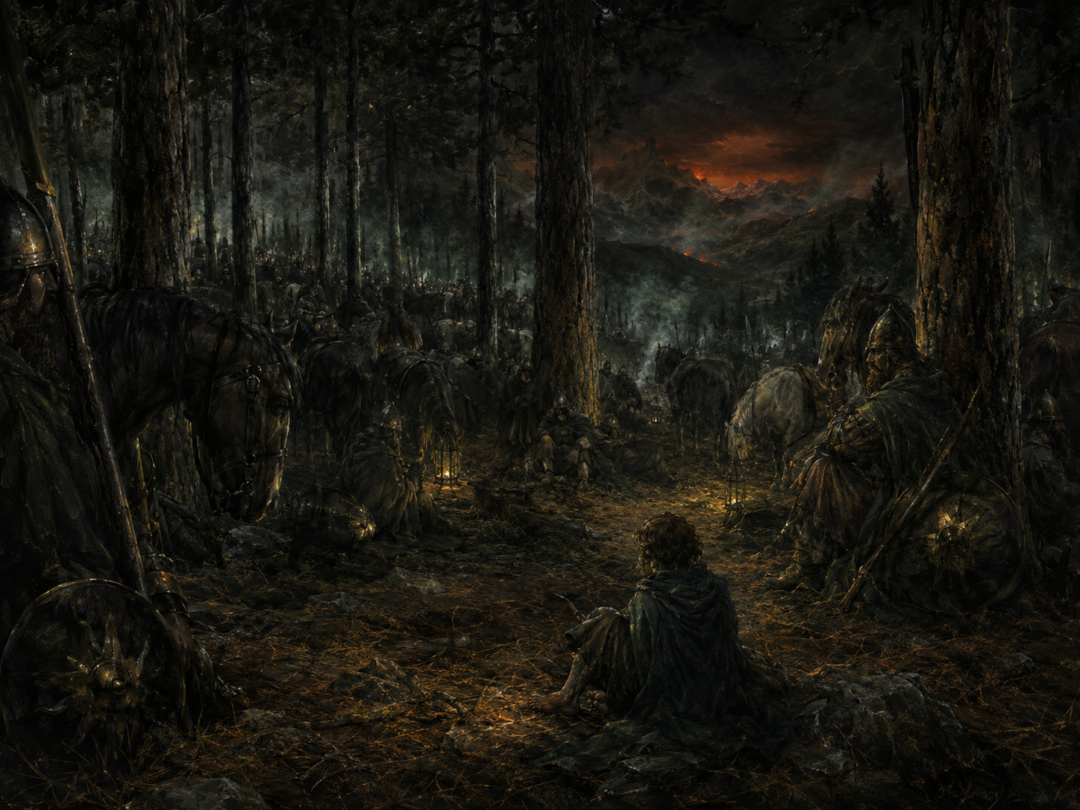 Rohirrim leading their horses through the hidden Stonewain Valley under the guidance of the Drúedain