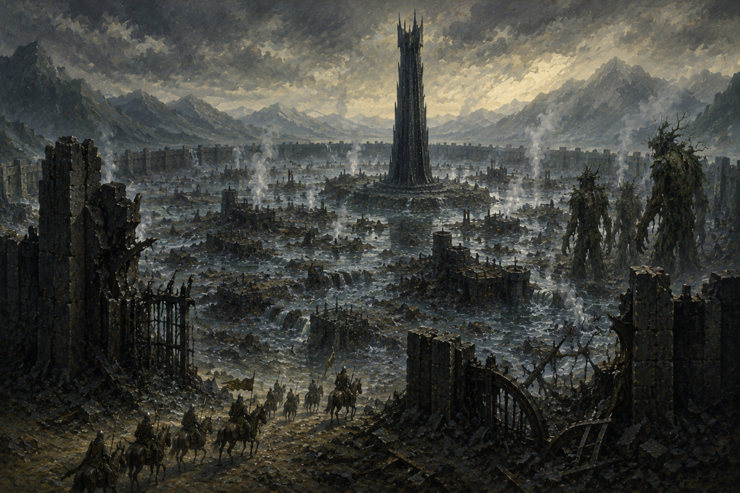 Ruined and flooded Isengard with its broken Ring-wall while the tower of Orthanc remains standing