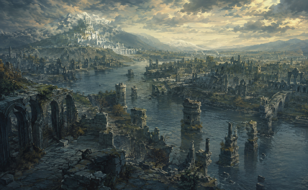 Ruined Osgiliath sprawling across both banks of the Anduin at the end of the Third Age.