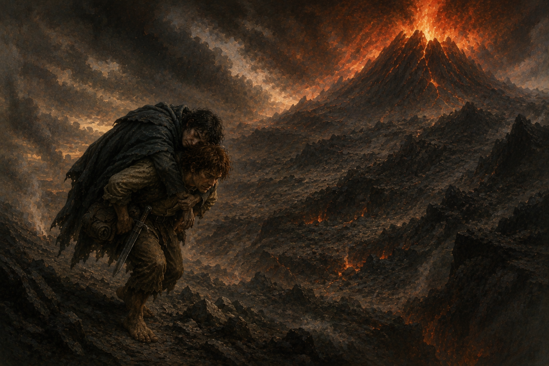 Samwise Gamgee carries an exhausted Frodo up the volcanic slopes of Mount Doom during the final stage of the Quest.