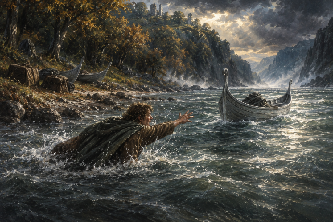 Sam wades desperately into the Anduin after discovering that Frodo is attempting to leave the Fellowship alone.