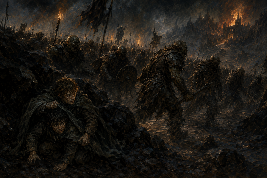 Sam pulling Frodo away from the confused Orc column and hiding with him beneath an Elven cloak among Mordor rocks.
