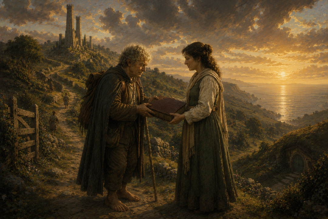 Elderly Samwise gives the Red Book to Elanor near the Tower Hills before his final journey west.